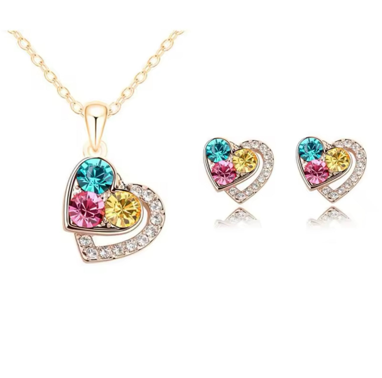 Crystal Love Heart Female Pendant Necklace and Earrings