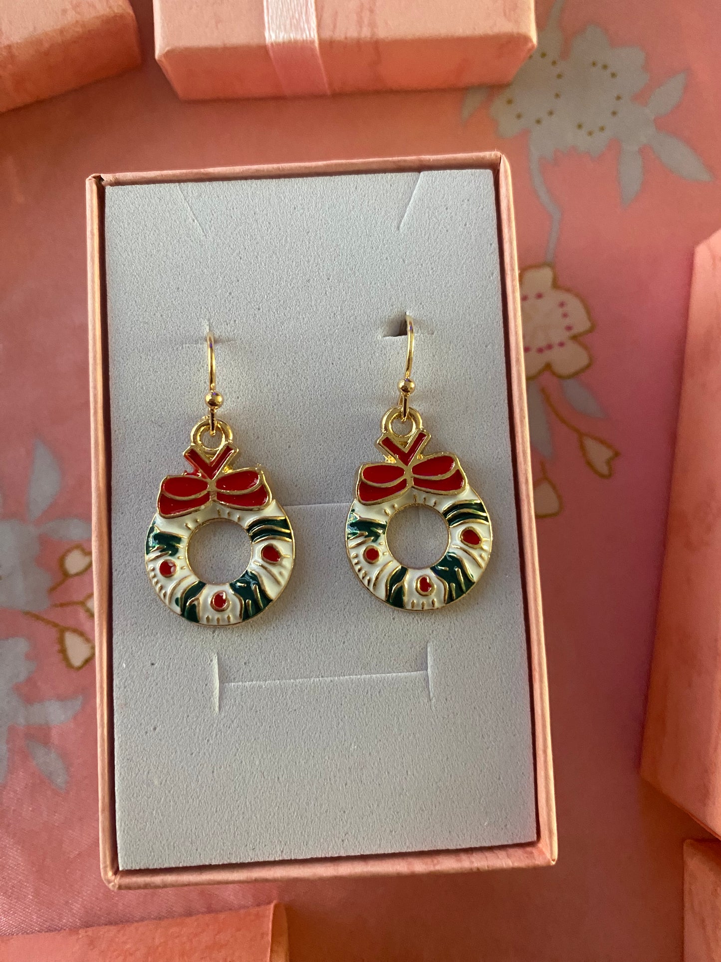 Christmas Wreath Enamel Drop Earrings with Sterling Silver Hall