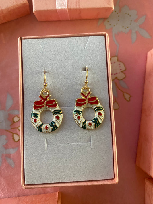 Christmas Wreath Enamel Drop Earrings with Sterling Silver Hall